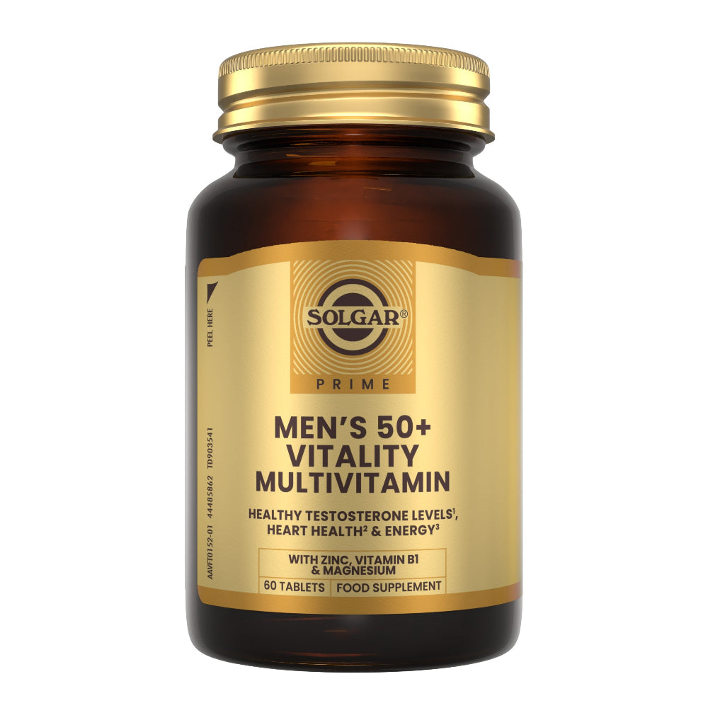A bottle of Solgar Prime Men's 50+ Vitality Multivitamin, featuring an amber glass bottle with a gold metal cap and a gold label with black text.