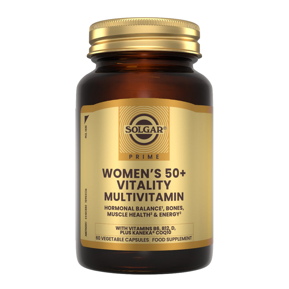 A bottle of Solgar Prime Women's 50+ Vitality Multivitamin with a gold cap and a gold and black label, set against a plain white background.