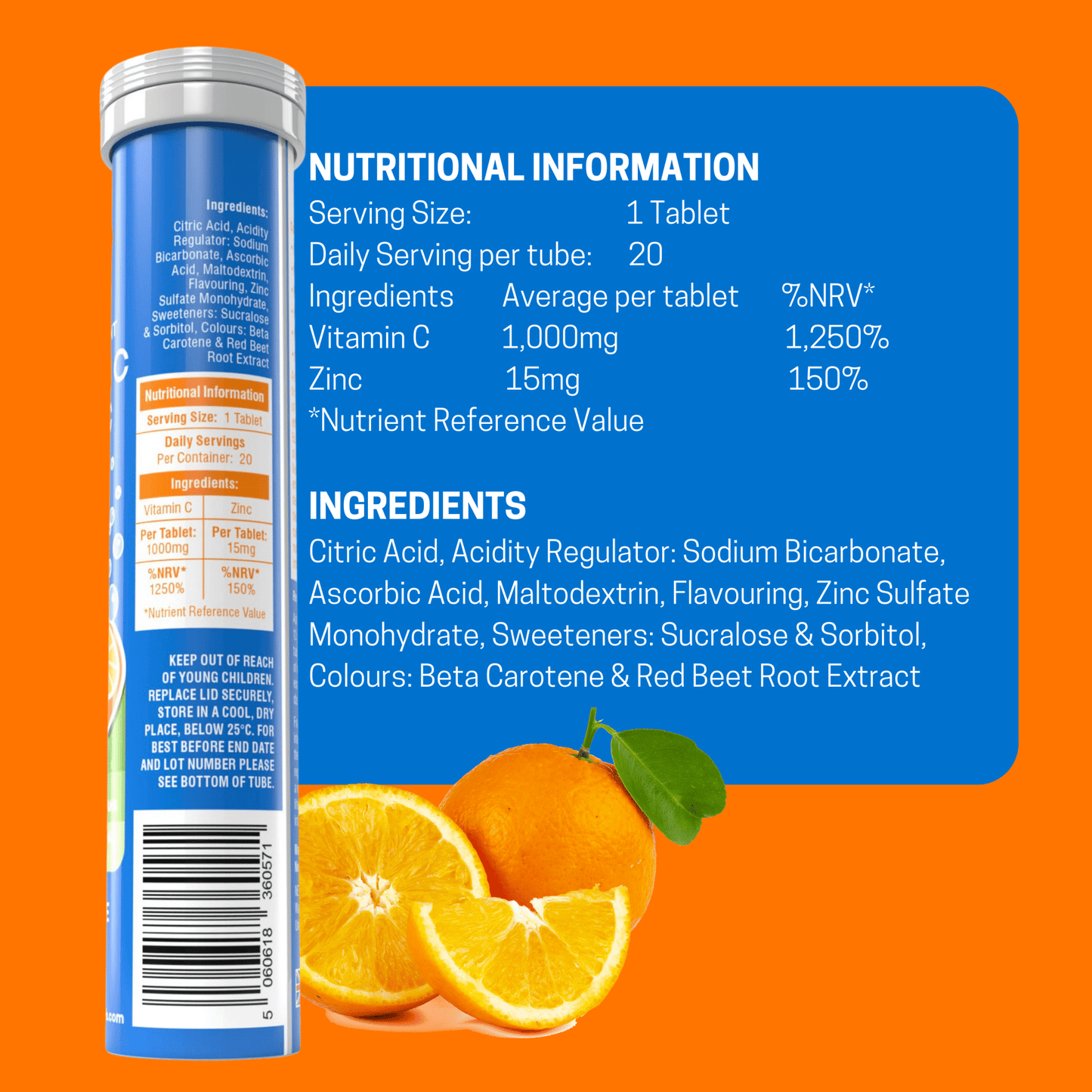Effervescent Vitamin C 1000mg and Zinc 15mg Orange Flavour - 20 Tablets - Belgravia Wellness