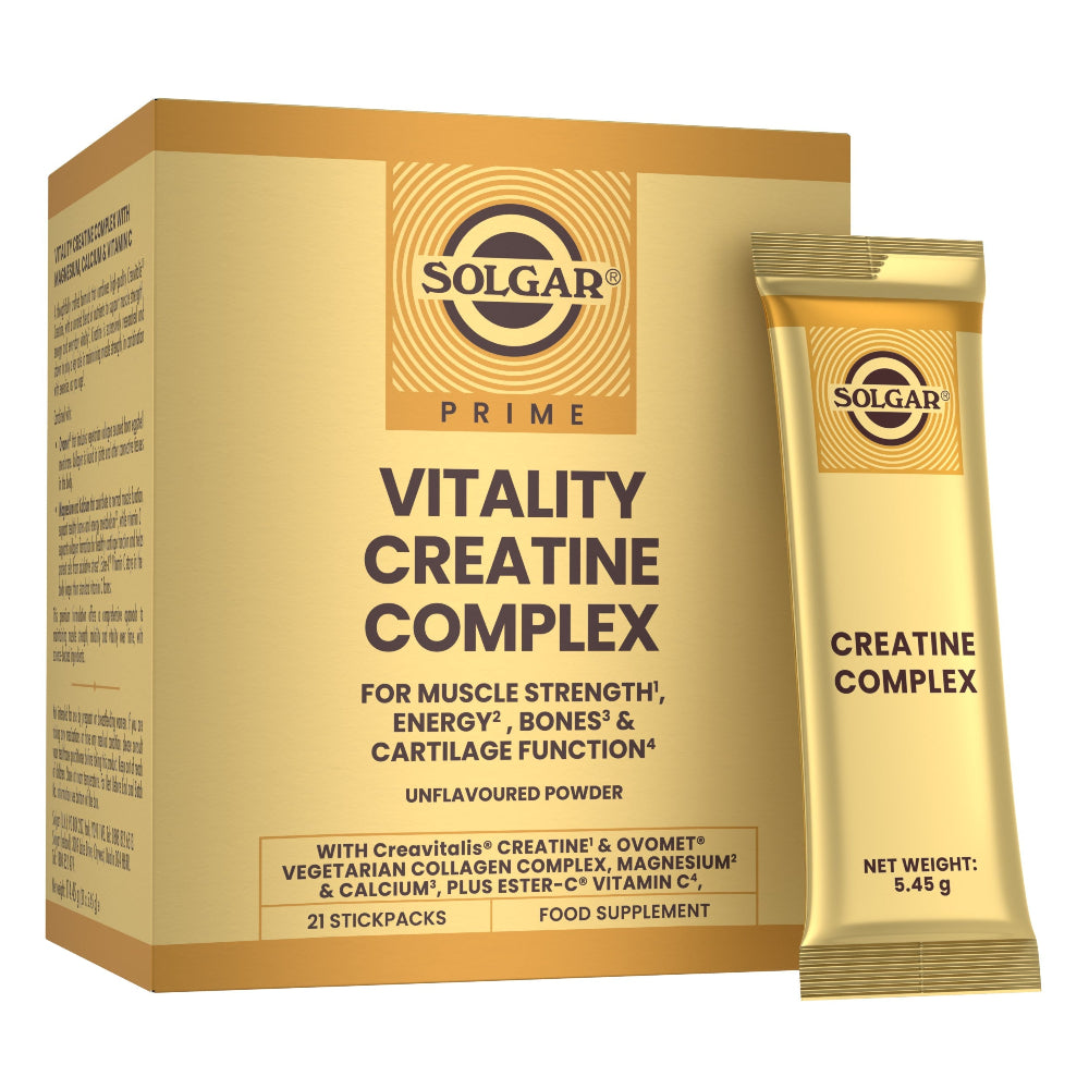 Solgar Prime Vitality Creatine Complex powder packaging, showing a gold and beige box alongside a single stick pack on a white background.