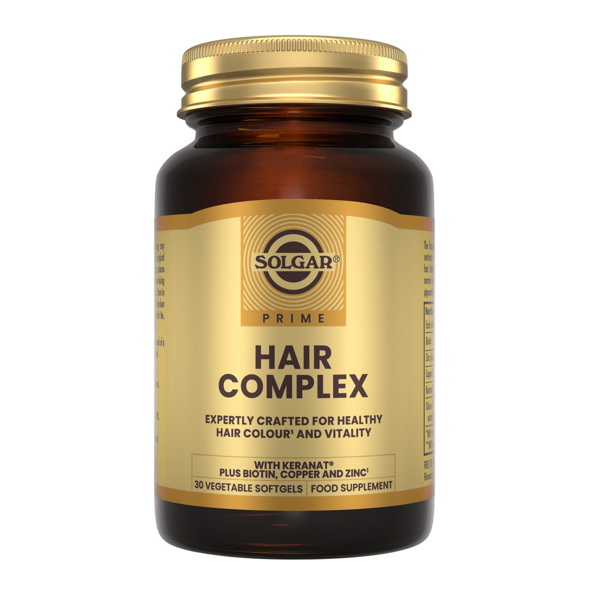 A bottle of Solgar Prime Hair Complex dietary supplement, featuring an amber brown bottle with a gold screw cap and a gold label with black text.