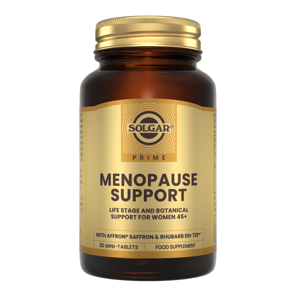 A bottle of Solgar Prime Menopause Support food supplement, 30 mini-tablets, in an amber glass bottle with a gold cap and a gold label.