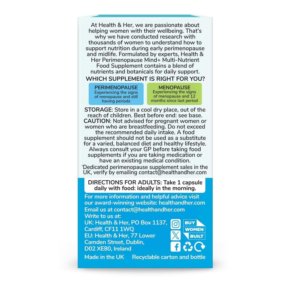 Health & Her Perimenopause Mind+ Supplement 30 Capsules - Belgravia Wellness