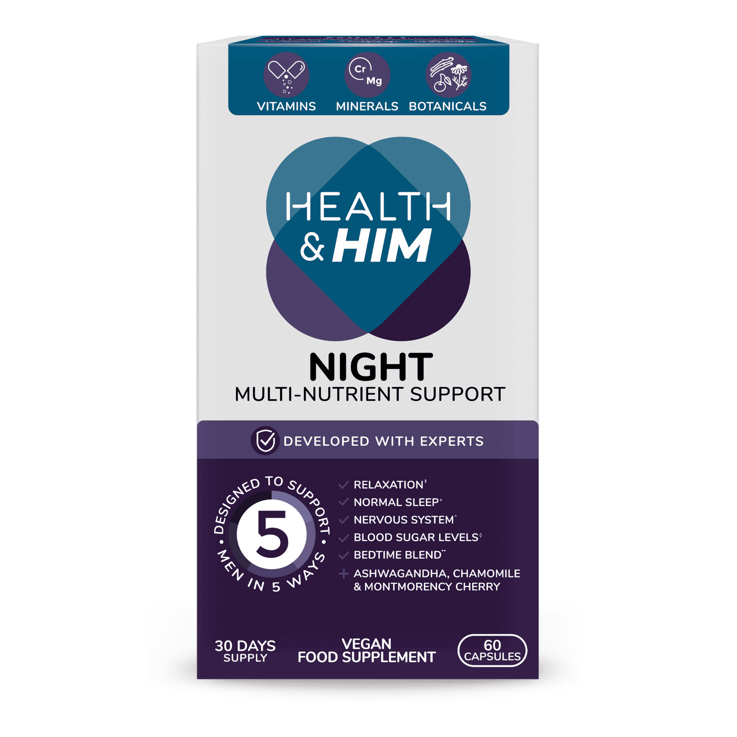 Health & Him Night Multi - Nutrient Supplement 60 Capsules - Belgravia Wellness