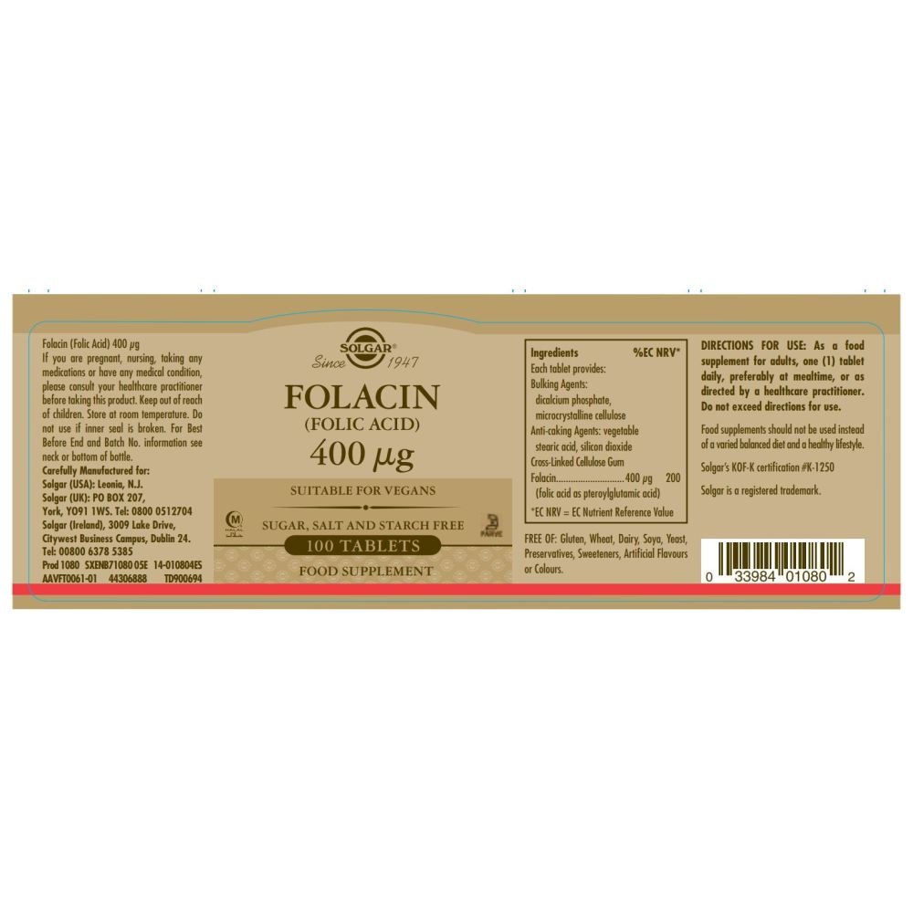 Solgar® Folacin (Folic Acid) 400 µg Tablets - Pack of 100 - Belgravia Wellness