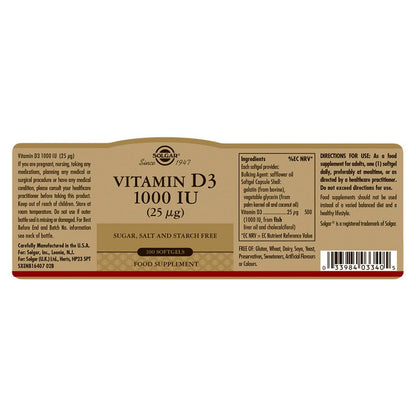 Solgar® Vitamin D3 1000 IU (25 µg) Softgels - Pack of 100 - Belgravia Wellness