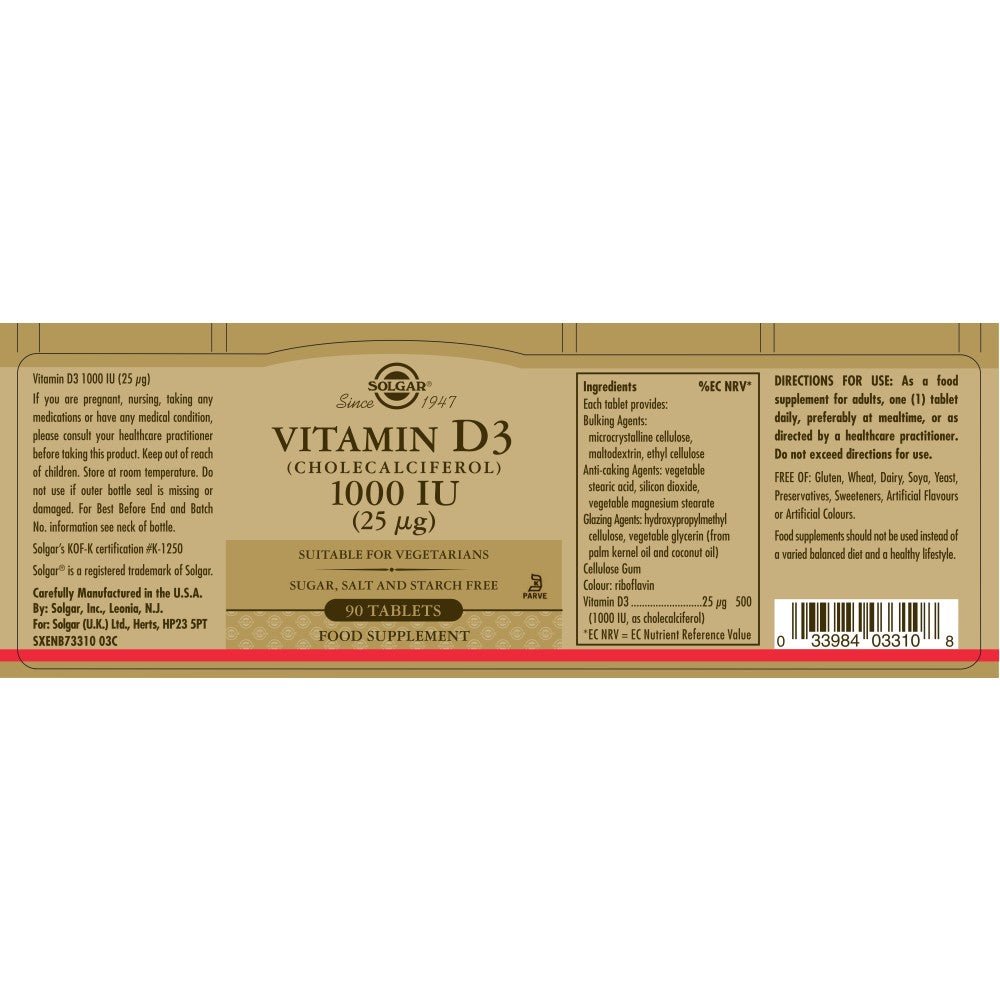Solgar® Vitamin D3 (Cholecalciferol) 1000 IU (25 µg) Tablets - Pack of 90 - Belgravia Wellness