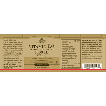 Solgar® Vitamin D3 (Cholecalciferol) 1000 IU (25 µg) Tablets - Pack of 90 - Belgravia Wellness