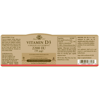 Solgar® Vitamin D3 (Cholecalciferol) 2200 IU (55 µg) Vegetable Capsules - Pack of 50 - Belgravia Wellness