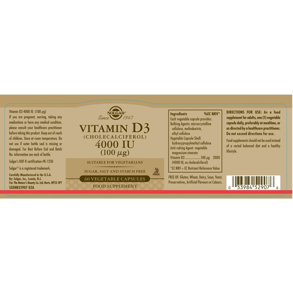 Solgar® Vitamin D3 (Cholecalciferol) 4000 IU (100 µg) Vegetable Capsules - Pack of 60 - Belgravia Wellness