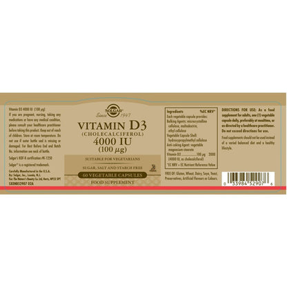 Solgar® Vitamin D3 (Cholecalciferol) 4000 IU (100 µg) Vegetable Capsules - Pack of 60 - Belgravia Wellness