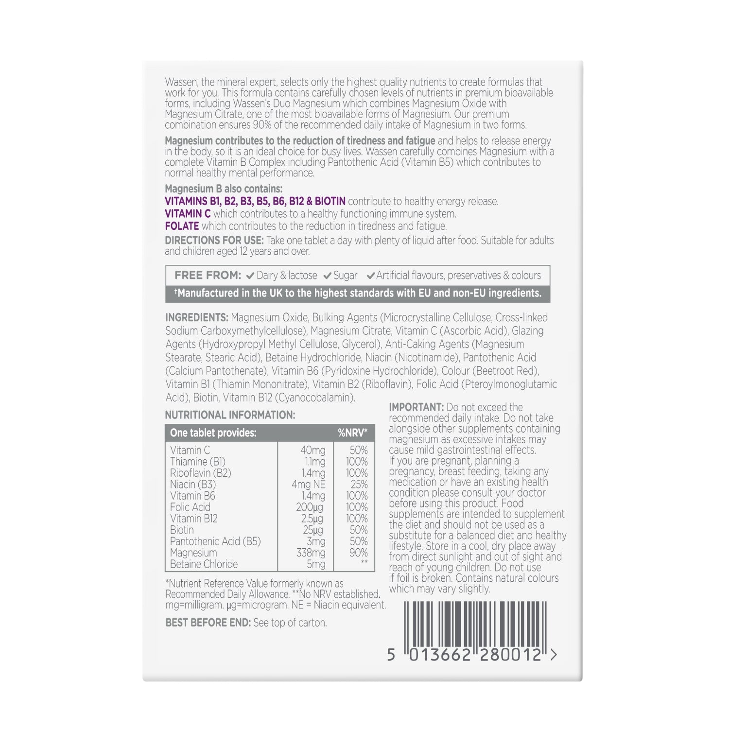 Wassen Magnesium - B Tablets 30's - Belgravia Wellness