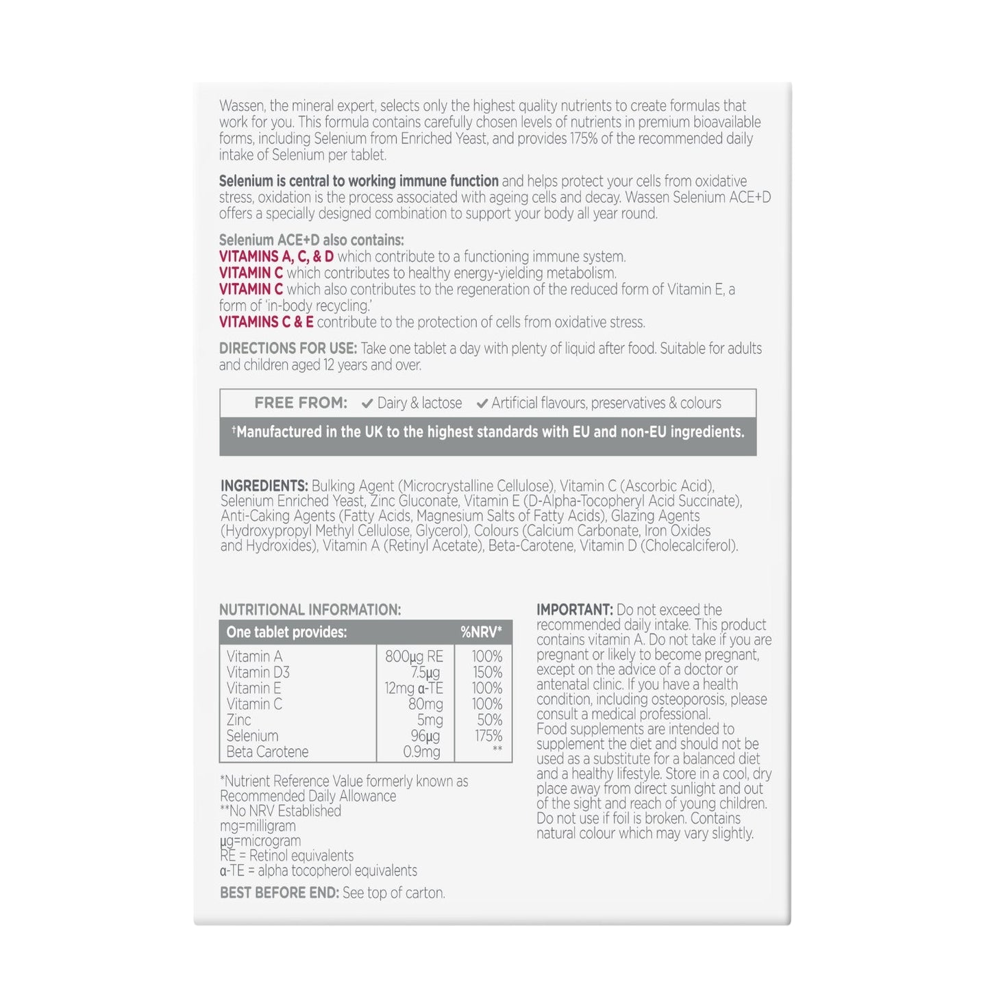 Wassen Selenium ACE & Vitamin D (90 Tablets) - Belgravia Wellness