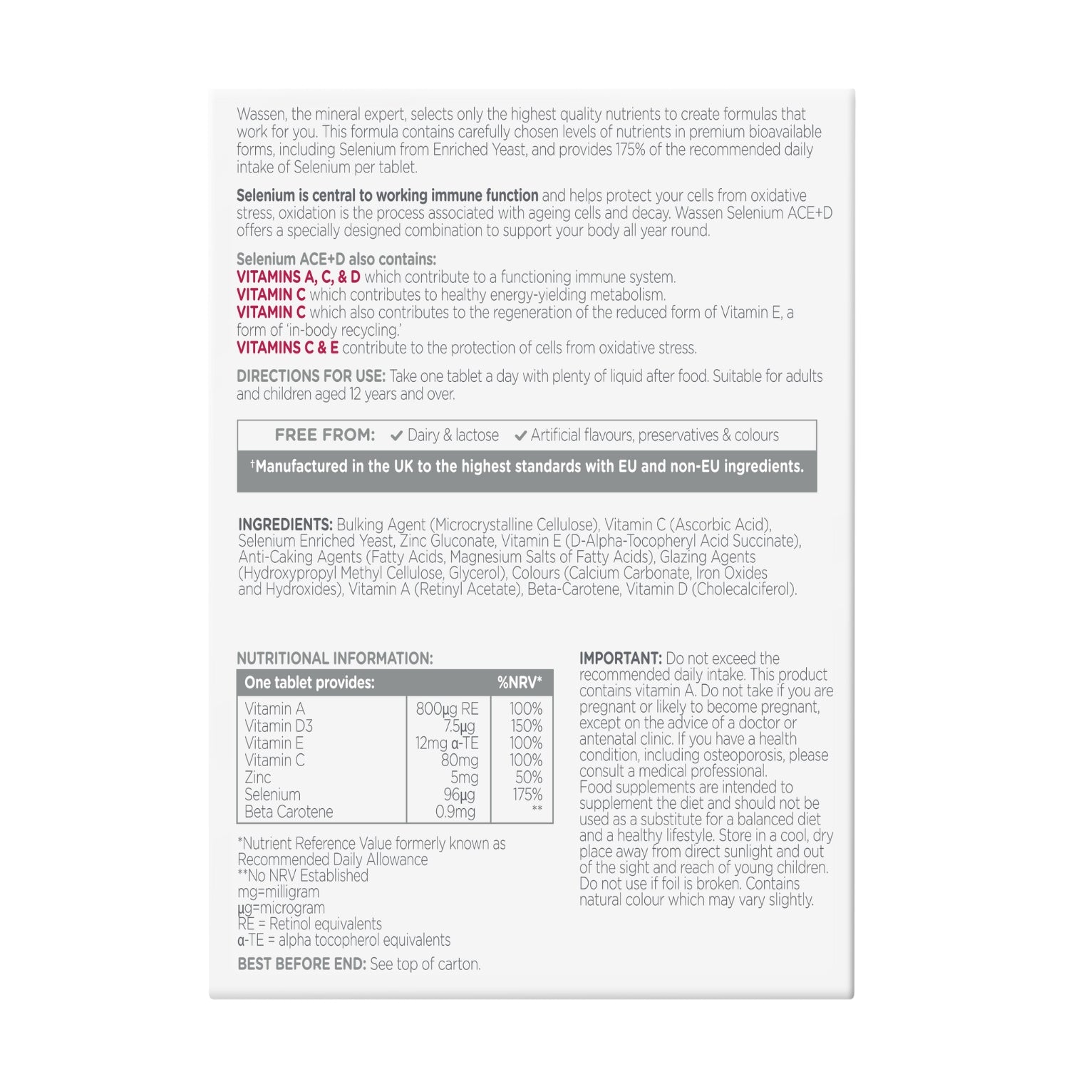 Wassen Selenium ACE & Vitamin D (90 Tablets) - Belgravia Wellness